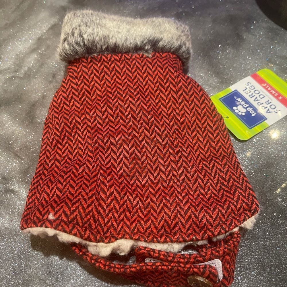 RED TWEED Harness Pet Jacket Vest w Faux Fur & Wooly Trim!